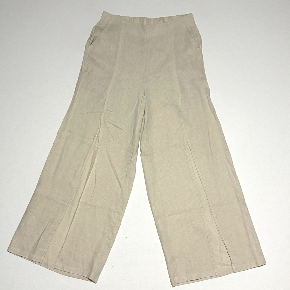KG‎ Womens Pants Med Wide Leg Split Front Pants Beige Linen Blend Elastic Waist